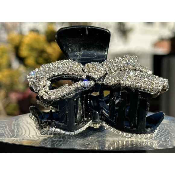 Sparkling Rhinestone Bow Hair Claw Clip Black Shiny Crystal Glamour Accessory - Picture 2 of 3